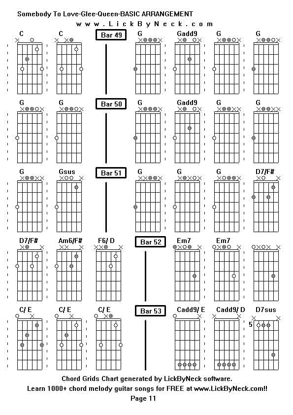 Chord Grids Chart of chord melody fingerstyle guitar song-Somebody To Love-Glee-Queen-BASIC ARRANGEMENT,generated by LickByNeck software.